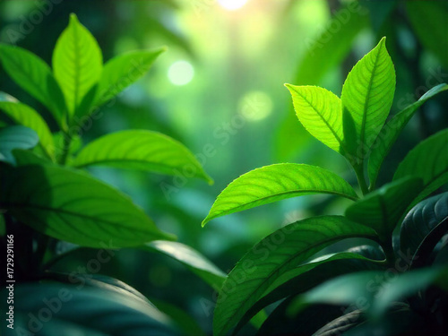 Close-Up Green Leaves with Sunlight and Blurred Forest Background Ai-Generated