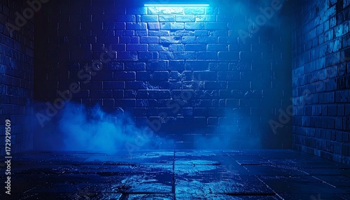Dark, futuristic, blue-lit brick room