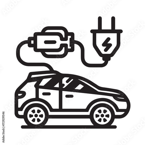 Minimal black and white electric car icon with charging cable