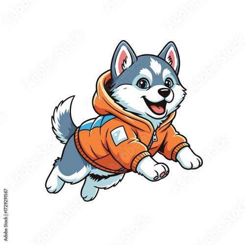 Happy cartoon husky dog jumping in an orange hoodie  