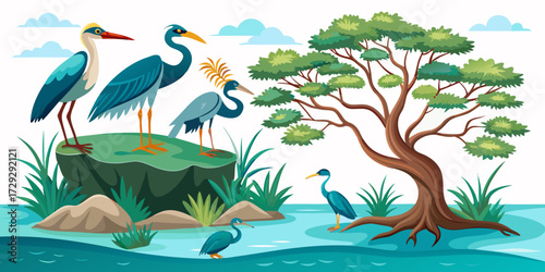 Vibrant flock of elegant herons gathers by serene waterside with majestic tree and lush foliage, evoking natural tranquility and wildlife charm perfect for educational or decorative themes.