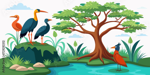 Vibrant flock of exotic birds gathers by tranquil waterside near a majestic tree, showcasing serene natural beauty and avian life in a playful, stylized illustration