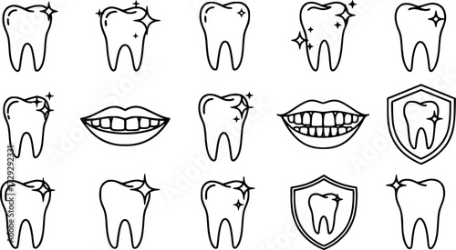 Set of clean and healthy tooth vector icons. Shine teeth icons. Dentistry symbol.