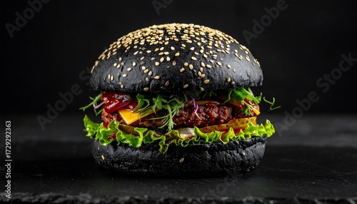 Dark, gourmet burger on black slate