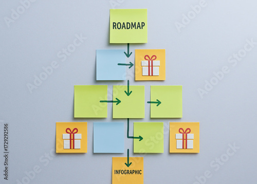 Roadmap infographic with sticky note flowchart and gift icons showing process and direction, flat layout with pastel blue green and yellow notes, productivity concept