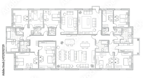 Vector art of detailed floor plan of a large apartment or house with multiple rooms