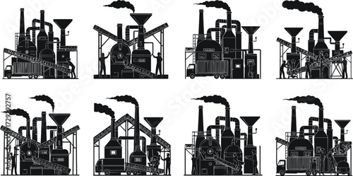 Industrial factory silhouette with workers, conveyor belts, machines, chimneys, production process, trucks, warehouses, heavy industry, logistics, manufacturing plant