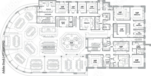 Vector art of floor plan of a large circular building with multiple rooms and seating areas