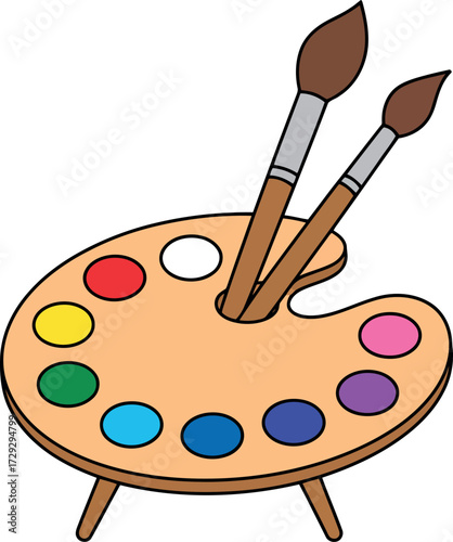 Artist's paint palette with brushes colorful art supplies creative hobby vector Hand drawn
