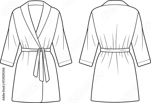 Bathrobe technical flat sketch, fashion garment illustration, shawl collar robe design, front and back view, sewing pattern template, apparel construction drawing