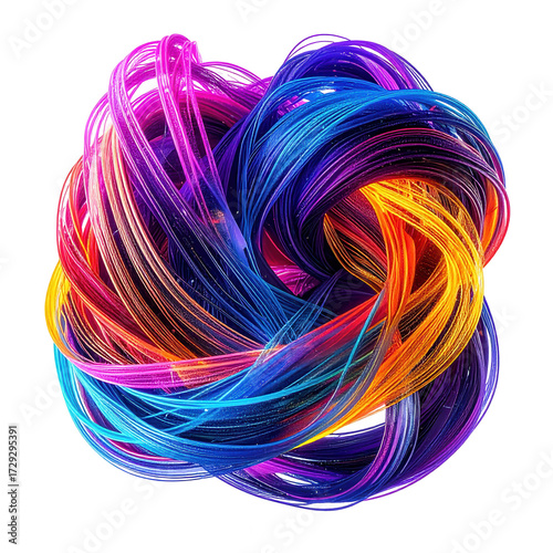 Intricate abstract artwork showcases a colorful swirl of interconnected lines, forming a dynamic, three-dimensional form against a dark backdrop, displaying vibrant gradients and a sense of flow.