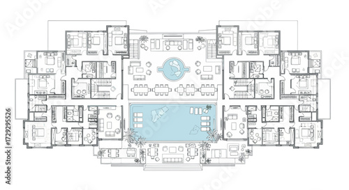 Vector art of architectural plan of a resort complex with rooms and a central swimming pool
