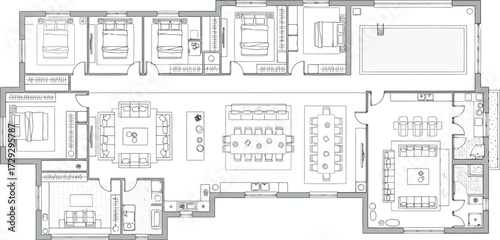 Vector art of floor plan of a luxurious modern house with multiple bedrooms and living areas