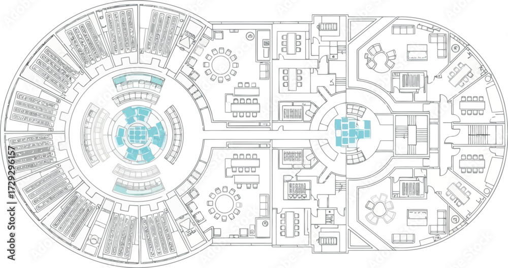 Obraz premium Vector art of architectural blueprint of a complex circular building with multiple wings and interior spaces