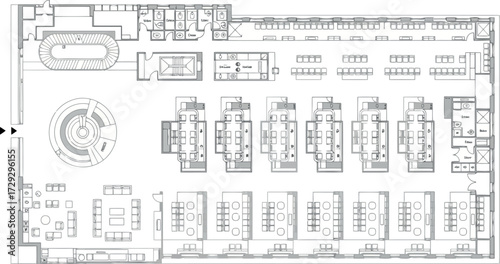 Vector art of architectural drawing of a modern office building with meeting rooms and open spaces
