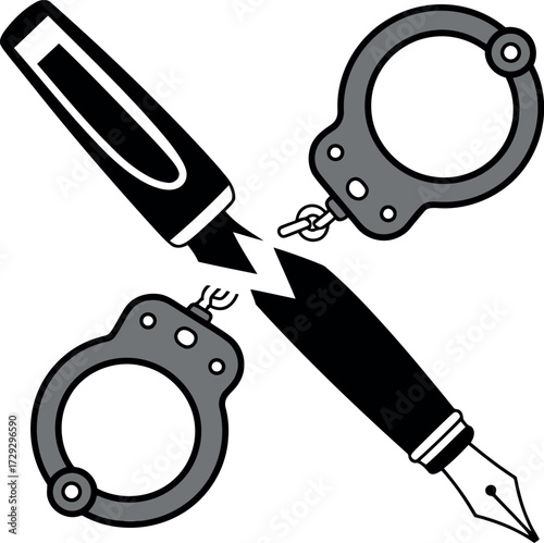Broken pen and handcuffs symbolizing censorship and freedom of speech vector Hand drawn
