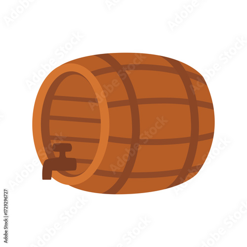 Wooden barrel with tap. Isolated white background. Flat style vector illustration