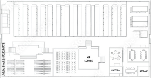 Vector art of architectural blueprint of a long hall with rows of seating and a vip area