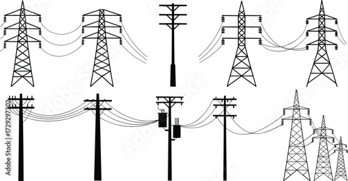 Vector set of electricity transmission towers and utility poles with wires, high voltage pylons, power grid and energy infrastructure elements for industrial design