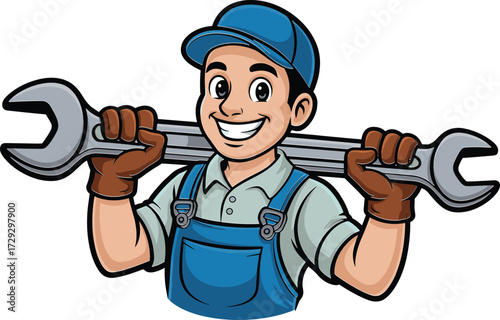 Cartoon mechanic character smiling with wrench, handyman illustration, repair worker in blue uniform, cheerful engineer, service technician, maintenance concept design