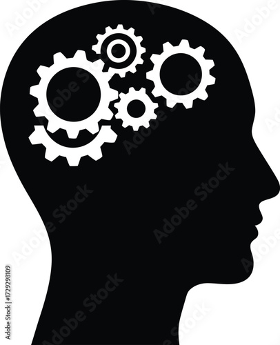 Silhouette of a human head with gears inside representing thought process innovation and intelligence vector
