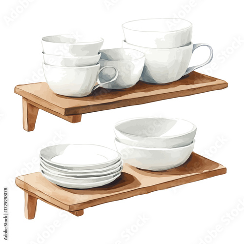 Minimalist White Dinnerware On Shelf, watercolor vector, isolated on a white background.