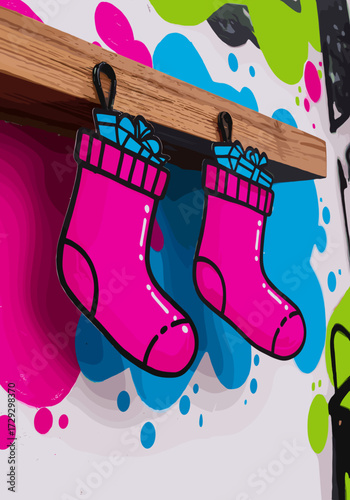 Holiday stockings on a mantelpiece hanging from a wooden rod accented with texture and geometric shapes of graffiti-style gifts with a jagged background outline.