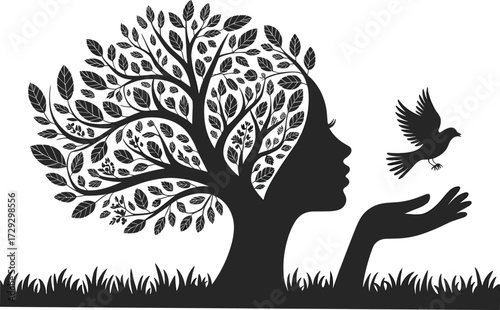 Woman tree silhouette with bird, nature goddess concept, fantasy tree woman face profile, eco art, freedom, growth, environment protection, spirituality illustration