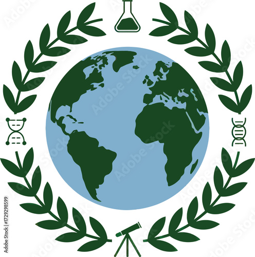 Global science emblem earth biology chemistry astronomy research vector Hand drawn
