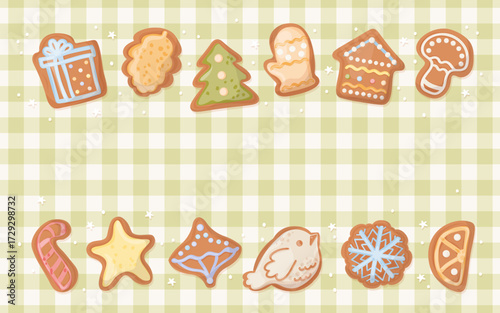 Festive christmas background with cute gingerbread cookies on green a gingham background. Festive vector illustration with biscuit different shapes and copyspace.