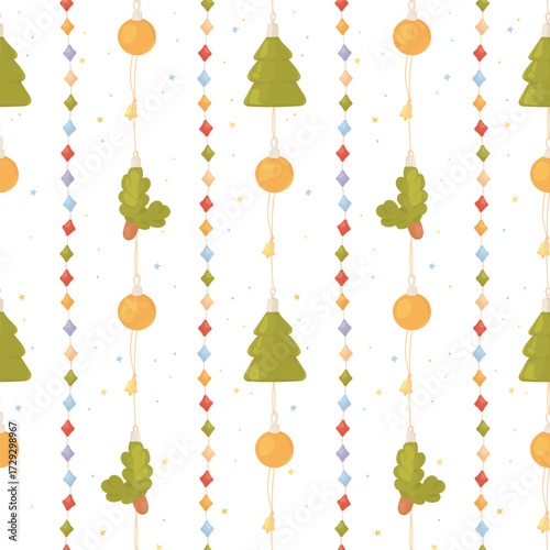 Merry Christmas and Happy New Year seamless pattern. Cute Christmas glass vintage ornaments hanging on ribbon and necklace garlands. Xmas vector illustration.
