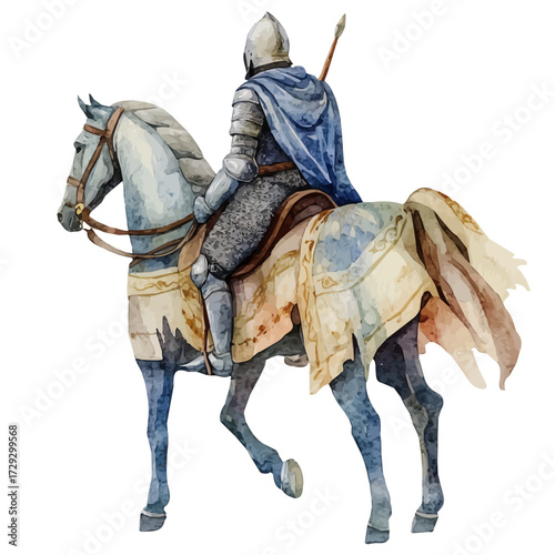 watercolor vector of Mounted Knight, isolated on a white background.