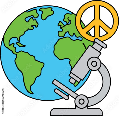 Microscope studying earth planet with peace symbol vector Hand drawn
