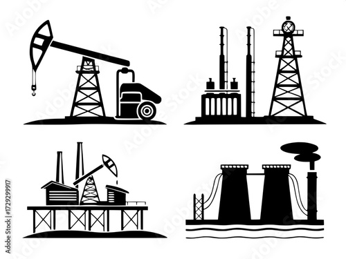 “Collection of black and white minimalist icons representing petroleum and energy industry: refineries, oil pumps, cooling towers, and offshore platforms.”