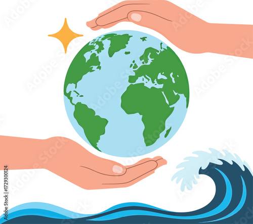 Hands protect earth planet ocean waves environment conservation vector Hand drawn