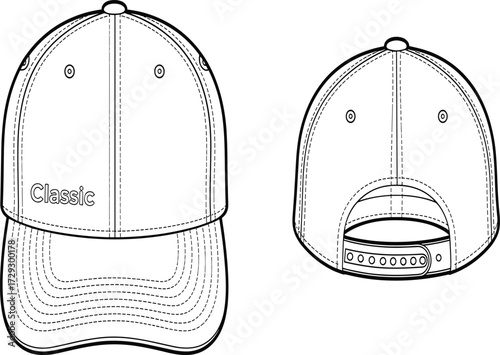 Technical flat sketch of classic baseball cap with front and back views, snapback closure, stitching details and fashion template for apparel design illustration
