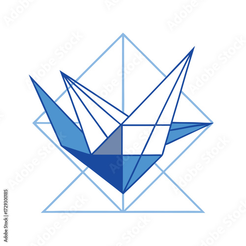 Abstract geometric origami bird design with sharp angles and blue tones isolated on white background