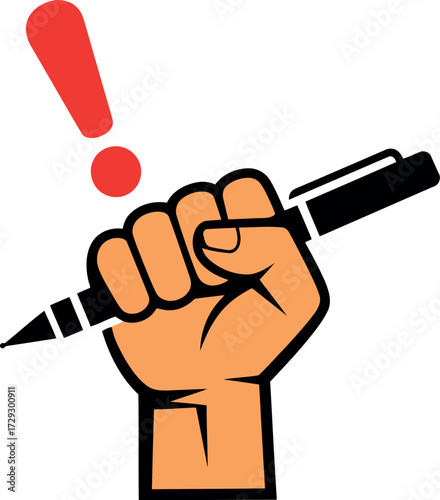 Hand grips pen exclamation symbol writing idea bold statement concept vector Hand drawn