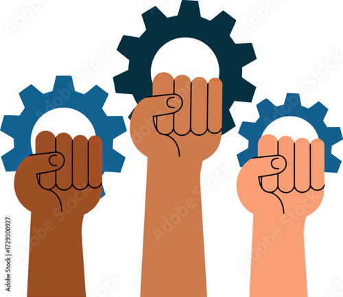 Diverse hands united teamwork gears cooperation symbol vector Hand drawn