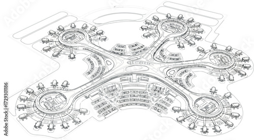 Vector art of architectural sketch of a futuristic urban development