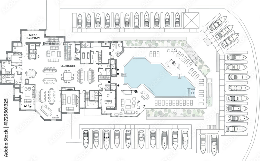 Fototapeta premium Vector art of architectural floor plan of a luxury waterfront villa with a marina