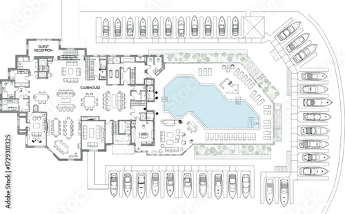 Vector art of architectural floor plan of a luxury waterfront villa with a marina