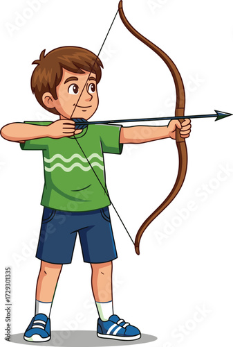 Cartoon boy aiming bow and arrow, child practicing archery, sports training illustration, target shooting concept, vector drawing, outdoor activity, focus