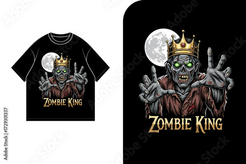Zombie King graphic on a black t-shirt, featuring a crowned undead character with glowing eyes against a moonlit background.