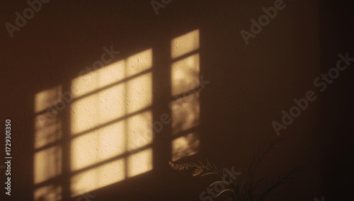 Warm golden sunlight streams through a window casting a grid pattern of light and shadow onto a textured wall with a delicate plant branch in the corner