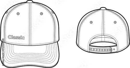 Vector baseball cap template, front and back view, classic snapback hat fashion design mockup, apparel illustration, blank headwear outline