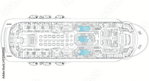 Vector art of aerial view blueprint of a cruise ship deck plan with pools, seating, and cabins