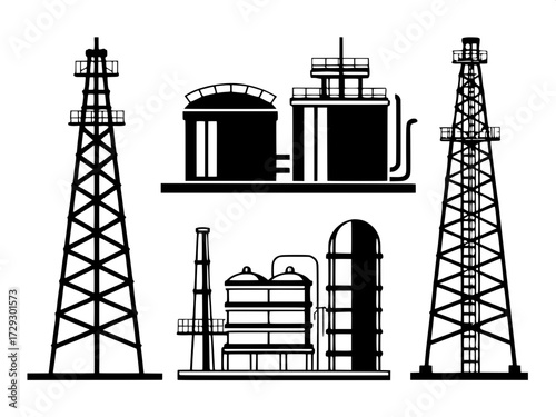 “Minimalist black silhouette icons of oil and gas industry infrastructure on white background, including refinery towers, storage tanks, and pipelines, flat vector style.”