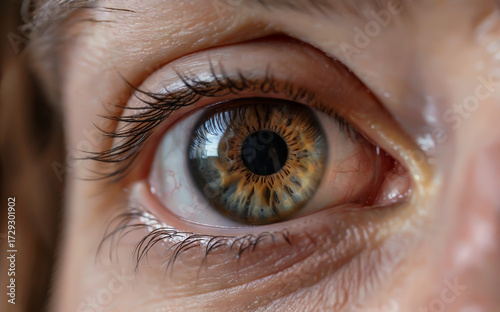 Close-Up of Human Eye with Multicolored Iris Featuring Brown, Green, and Yellow Patterns, High-Resolution Anatomical Photography Highlighting Eyelashes, Skin Texture, and Corneal Reflection
