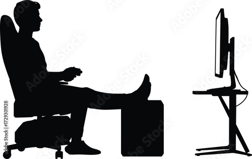 Silhouette of man gaming, sitting on chair, holding controller, feet up, relaxing, monitor screen, gamer lifestyle, home entertainment, technology